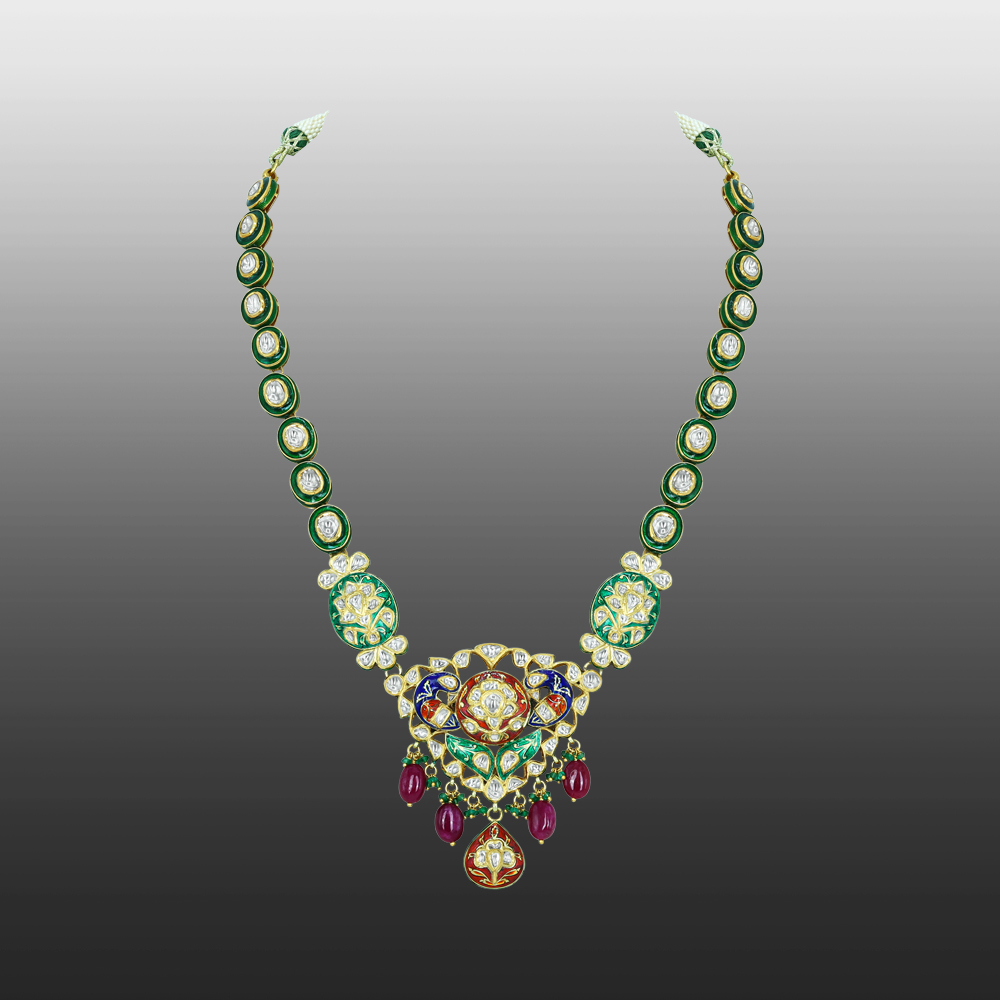 Enamel Necklace with Green-Red Accents, Pearls, and Gemstones